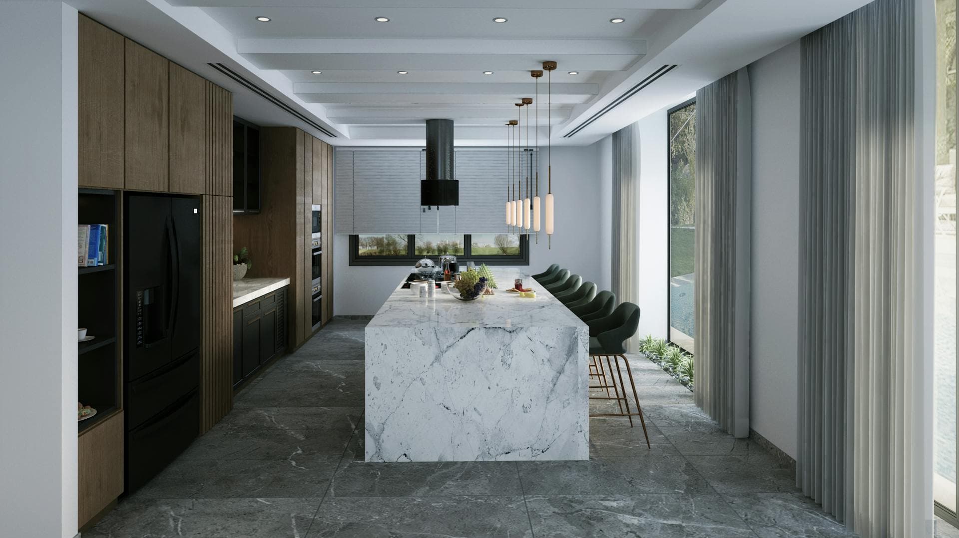 Sleek handleless modern kitchen with a large stone island