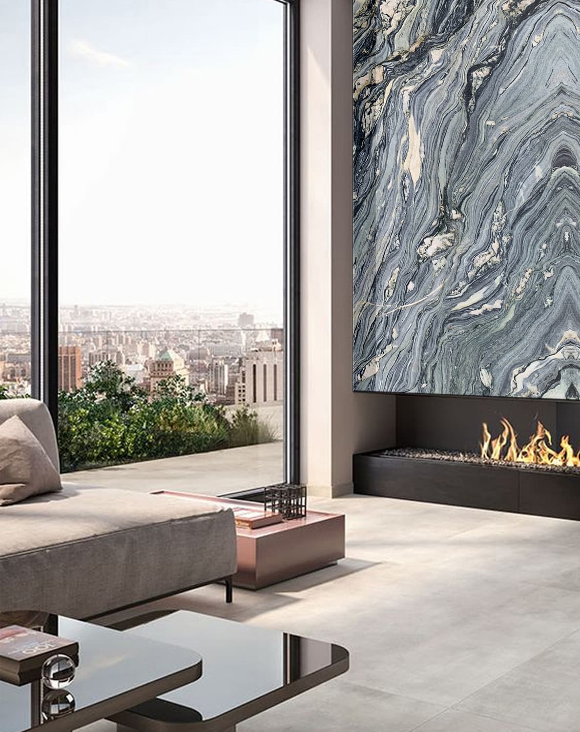 Tall blue-gray veined quartzite slab fireplace with a linear firebox in a modern living room