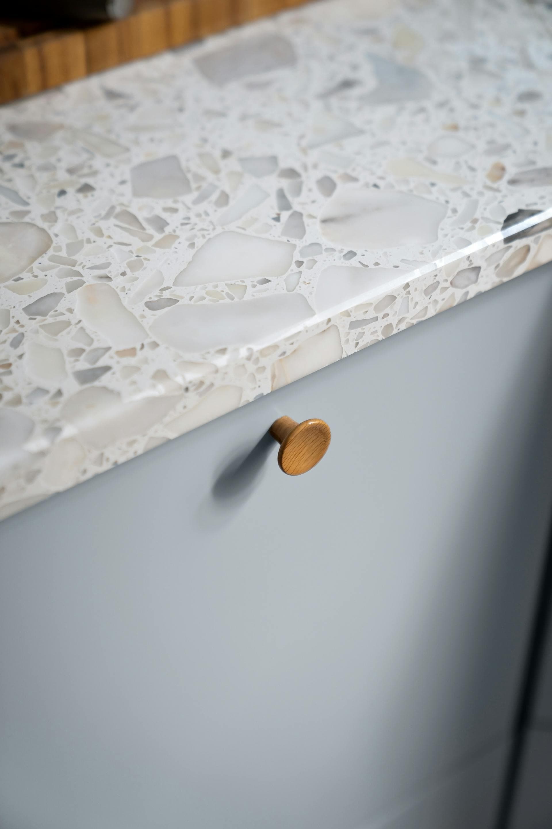 Close-up of a polished quartz countertop edge