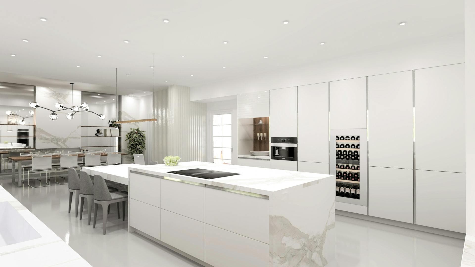 Modern kitchen with a custom stone waterfall island